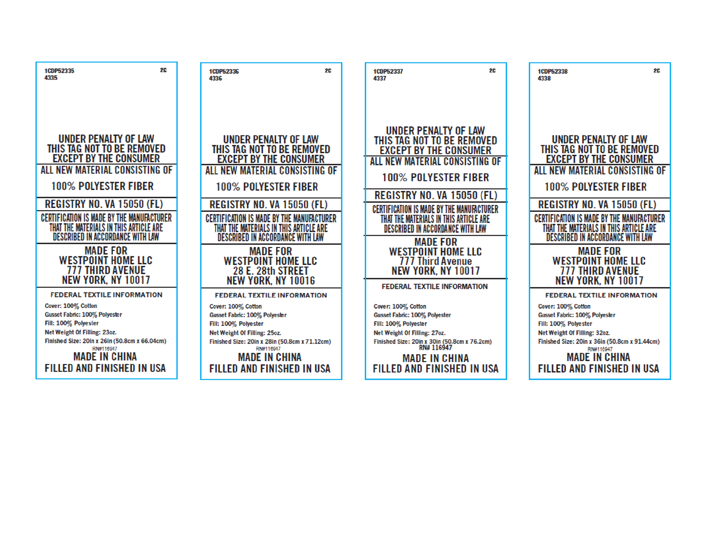 MADE FOR WESTPOINT HOME, Cover: 100% Cotton, Gussett Fabric: 100% Polyester, Fill: 100% Polyester, See Dimensions for Finished Sizes, MADE IN CHINA